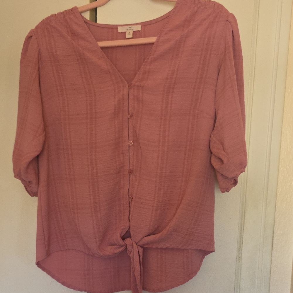 Como Vintage Pink 3/4 Sleeve Buttoned Tie Front Blouse